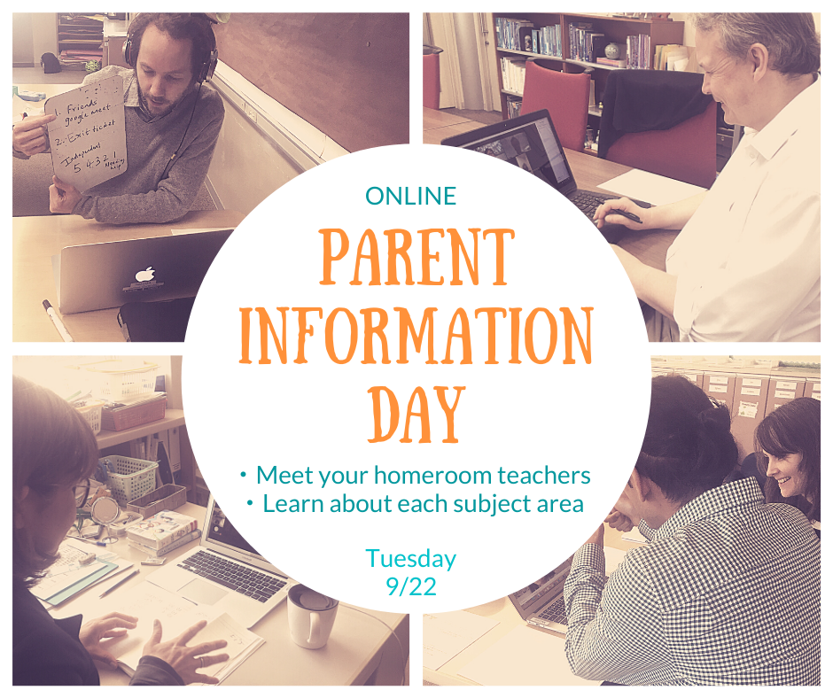 Parent Information Day advertisement featuring teachers using their computers for virtual meetings