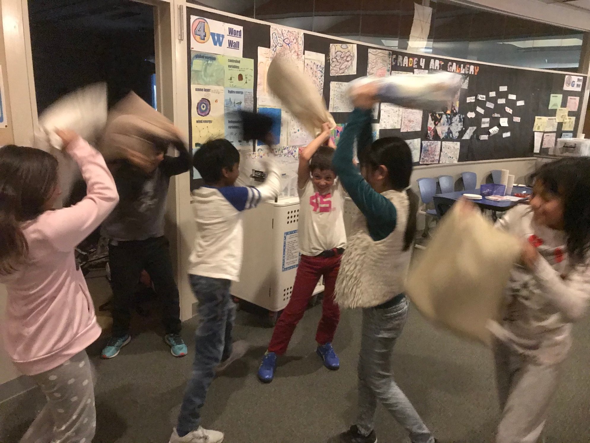 Gr. 4 have a pillow fights at their school sleepover 