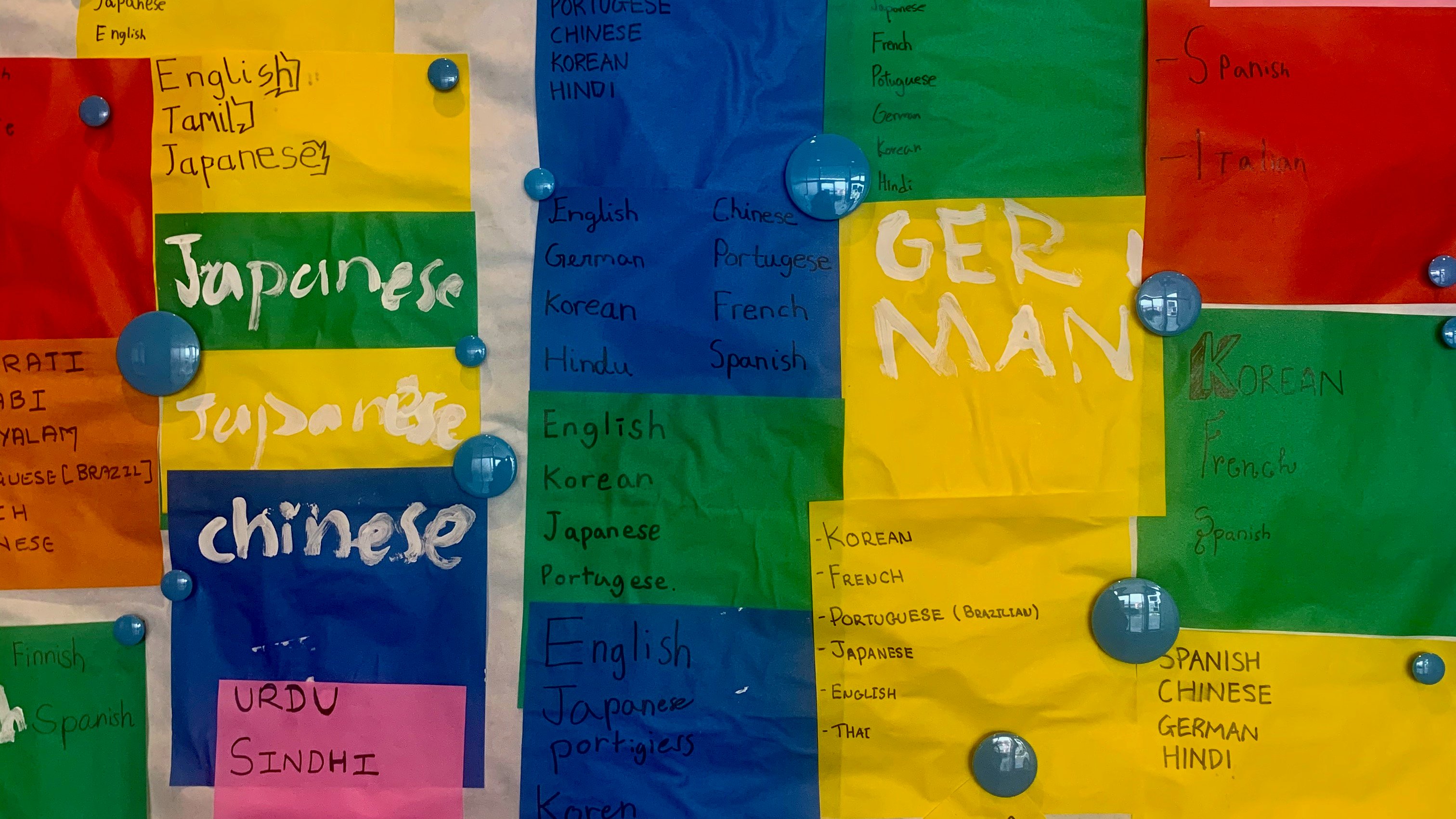 Colorful poster of student's lists of languages they speak