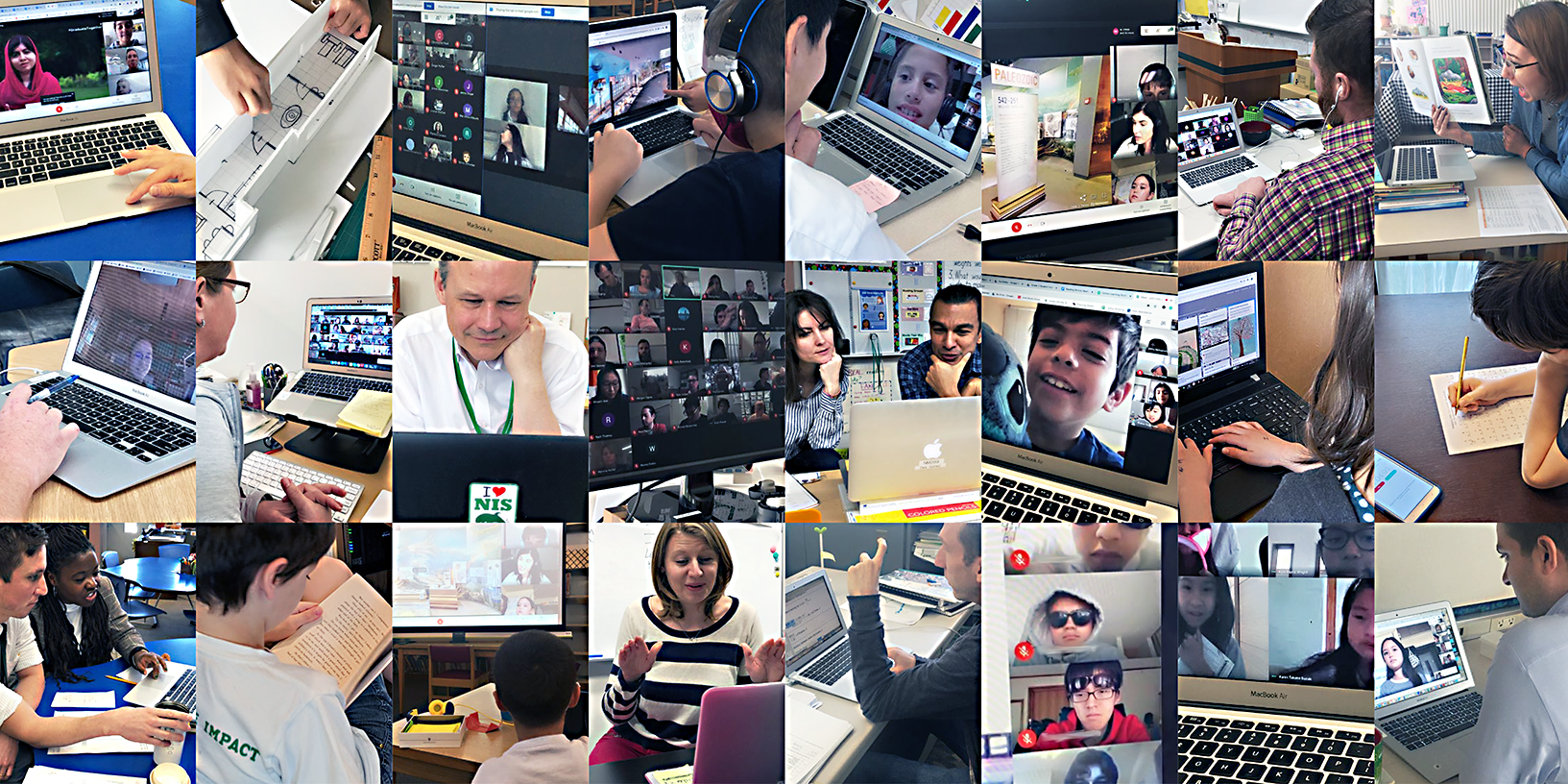 A photo collage of NIS teachers conducting online classes with their students