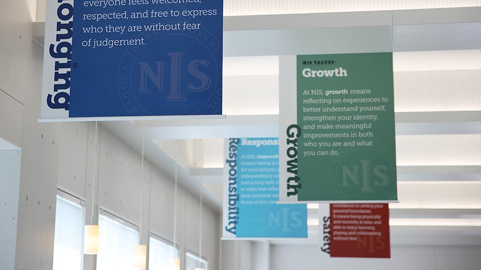 NIS Values banners hanging in the hallway